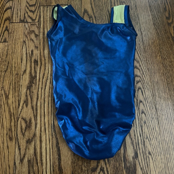 Saucy's World Gymnastics Suit Size 10 - Blue Metallic with Gold Metallic Accents - Picture 2 of 5